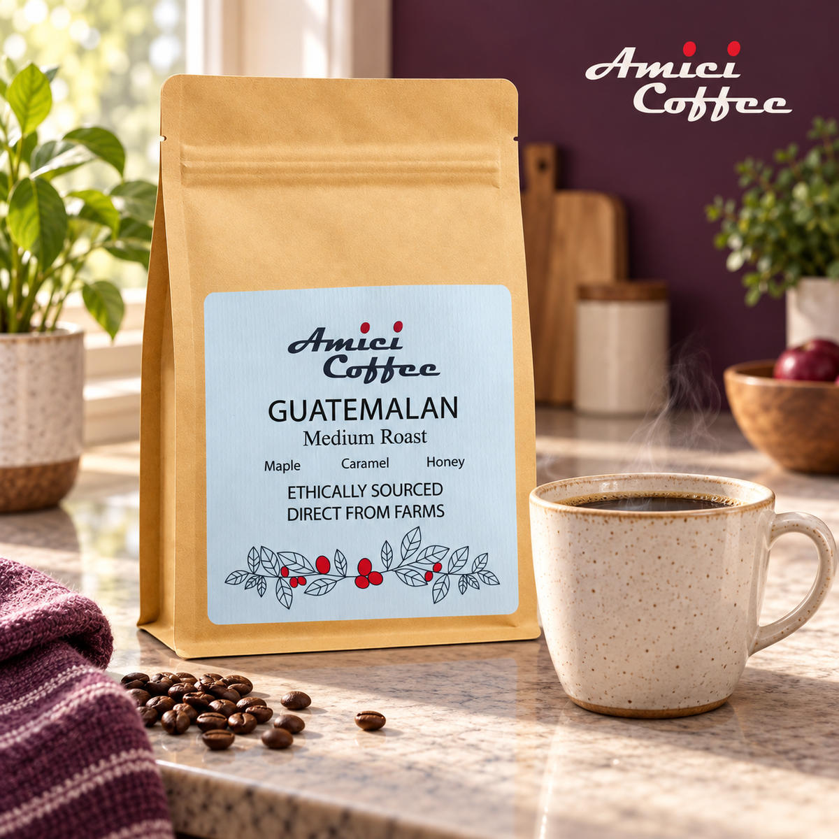Amici Guatemalan Single Origin coffee bag on a kitchen counter with a brewed cup