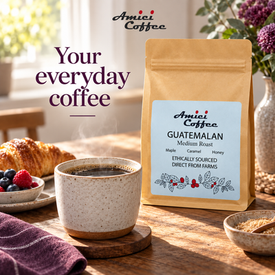 Amici Guatemalan coffee with latte art served with breakfast