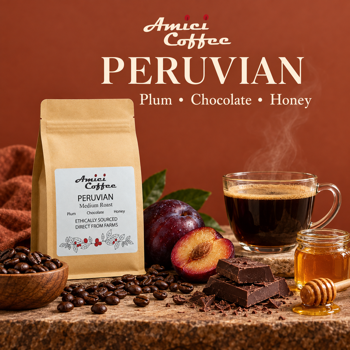Amici Peruvian coffee tasting notes: plum, chocolate and honey with roasted beans