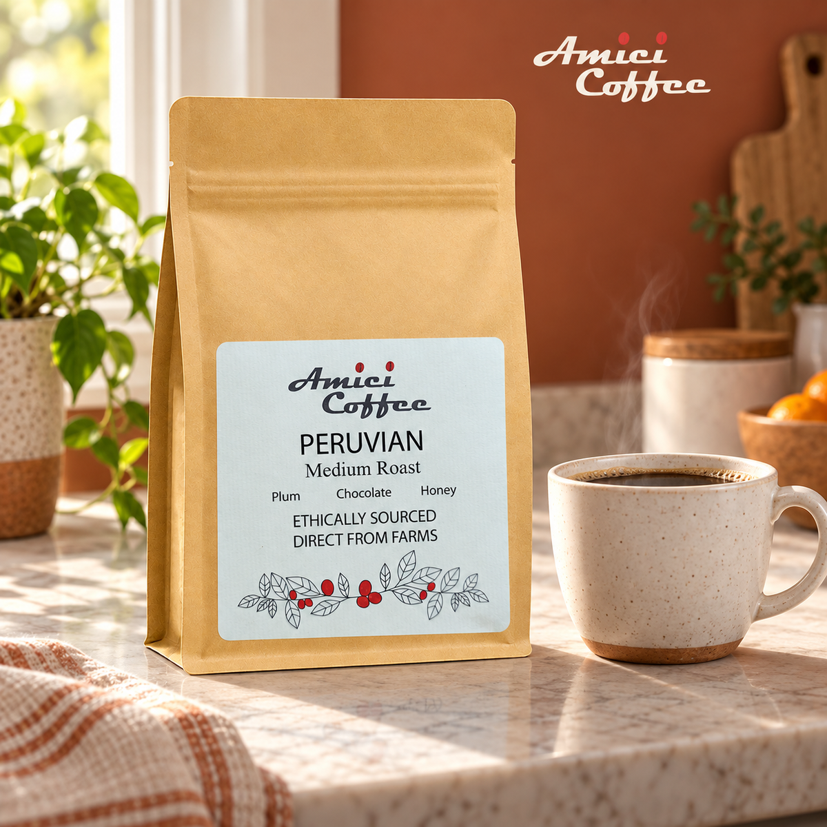 Amici Peruvian Single Origin coffee bag on a kitchen counter with a brewed cup