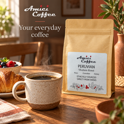 Amici Peruvian coffee with latte art served with breakfast