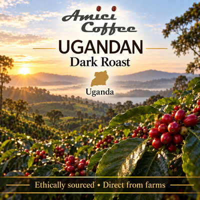 Amici Ugandan Single Origin coffee bag on a kitchen counter with a brewed cup