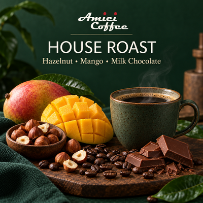 Amici House Roast tasting notes: hazelnut, mango and milk chocolate with roasted coffee beans