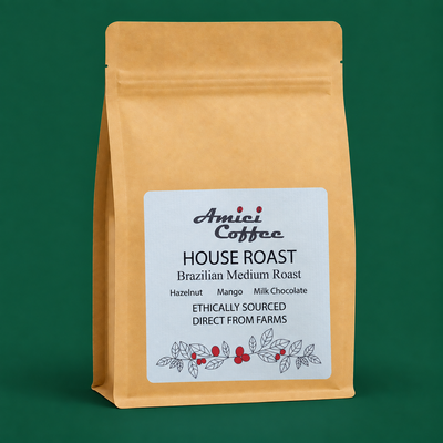 Amici House Roast coffee bag - front label, Brazilian single origin coffee
