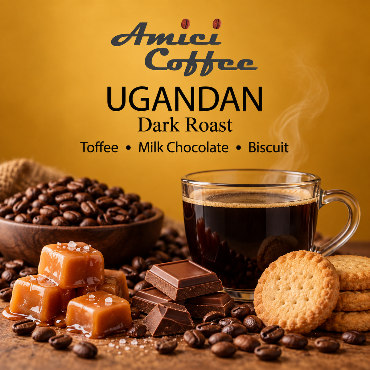 Amici Ugandan coffee tasting notes: toffee, milk chocolate and biscuit with roasted beans