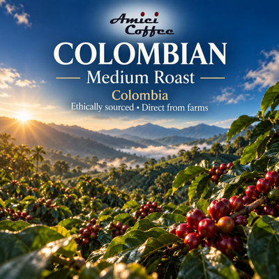 Amici Colombian Single Origin coffee bag on a kitchen counter with a brewed cup