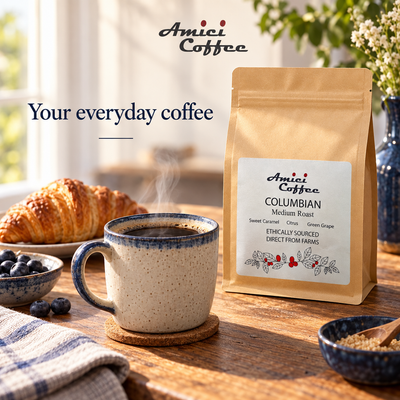 Amici Colombian coffee with latte art served with breakfast
